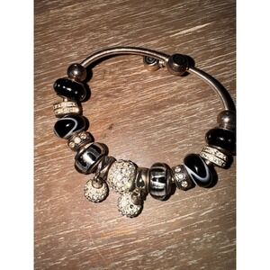 Chamilia Black Silver Charm‎ Bracelet Dangle Sterling Silver Crystal  Bangle
